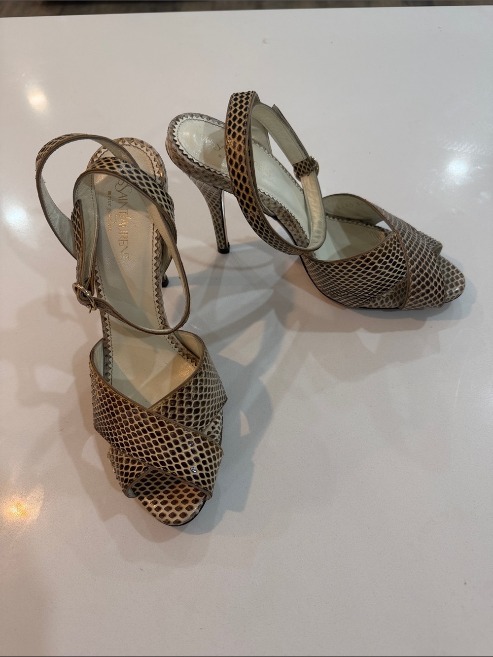 Yves Saint Laurent Tan Snakeskin Slingback Heels